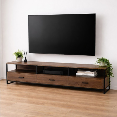 A 2-meter-long plasma TV stand with 3 storage drawers in brown.