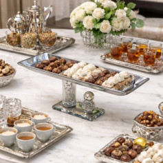 A luxurious hospitality serving dish made of metal (steel) with an acrylic base