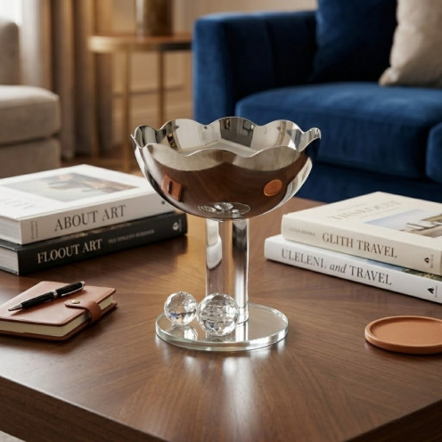 Round Silver Steel Bowl with a Luxurious Acrylic Base