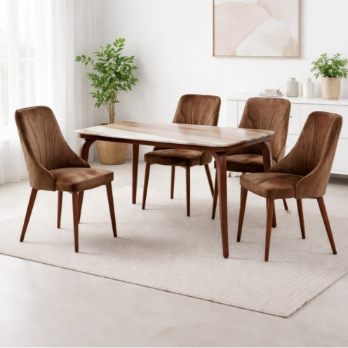 Dining table with marble top and 4 luxurious chairs in various colors