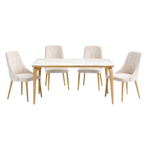 Dining table with marble top and 4 luxurious chairs in various colors