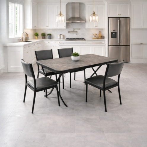 Dining table and 4 folding chairs in a unique design, available in several colors.