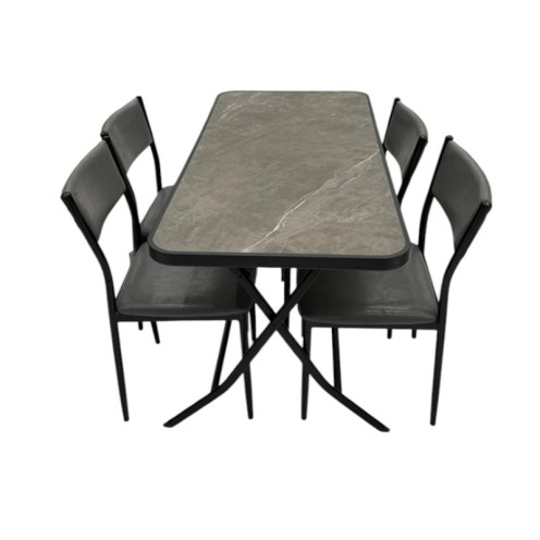 Dining table and 4 folding chairs in a unique design, available in several colors.