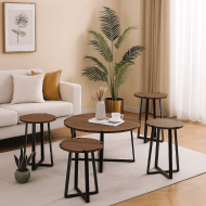 طاولات خدمة خشب 4+1 بقواعد حديد بتصميم مميز وانيق بعدة اللوان