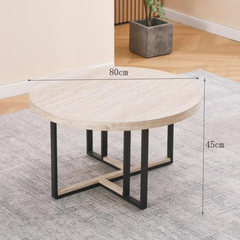 Round single coffee table with a wooden top and iron base