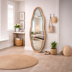 Modern wavy floor-standing mirror with a curved wooden frame, 180cm.