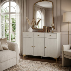 3-door coffee cabinet with three drawers at the top, featuring a distinctive and modern design, available in several colors. 120cm.