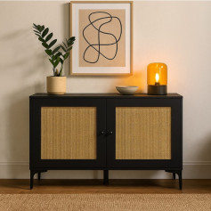 Two-door rattan wooden buffet cabinet, black, 120x45x85 cm.