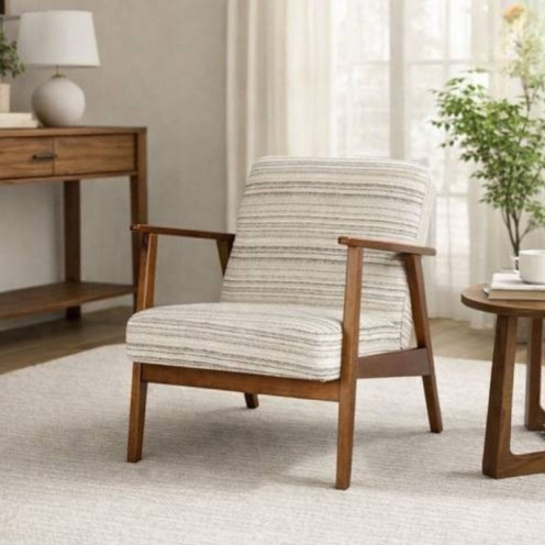 A modern, stylish wooden single chair available in several colors, featuring soft, comfortable fabric and providing a relaxing seating experience.