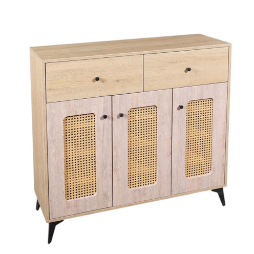 Three-door multi-purpose cabinet with rattan mesh fronts, available in various colors, measuring 100 x 35 x 95 cm.