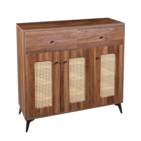 Three-door multi-purpose cabinet with rattan mesh fronts, available in various colors, measuring 100 x 35 x 95 cm.