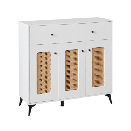 Three-door multi-purpose cabinet with rattan mesh fronts, available in various colors, measuring 100 x 35 x 95 cm.