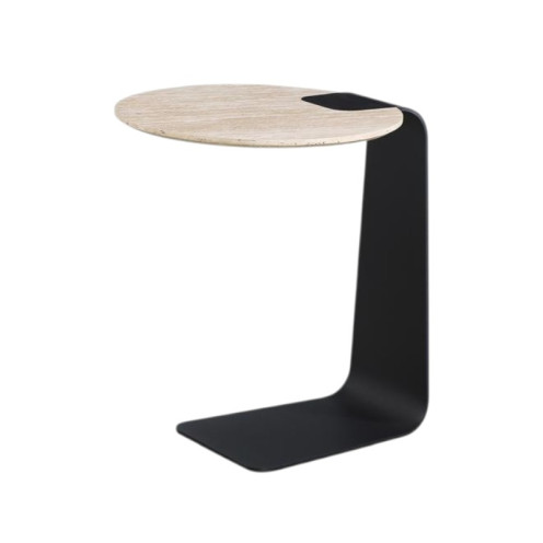 طاولة جانبية مفرد بتصميم مميز ، تجمع بين خشبي بعدة اللوان أنيق وقاعدة معدنية منحنية