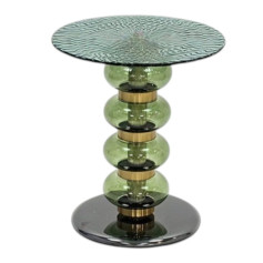 A stylish, multi-colored glass-top side table.