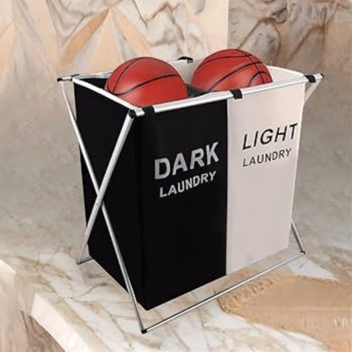 سلة غسيل من قسمين، منظم غسيل، سلال تخزين، تنظيم غرفة الغسيل، منظم سلة الغسيل لغرف النوم والحمامات (أسود وأبيض)
