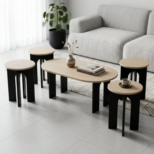 طقم طاولات بيضاوي خشب بتصميم مميز وانيق 1 + 4 بعدة اللوان