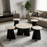 طقم طاولات دائري بقواعد حديثة خشب بتصميم مميز وانيق 1 + 4 بعدة اللوان