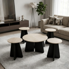 Round table set with modern wooden bases, distinctive and elegant design, 1 + 4, available in several colors.