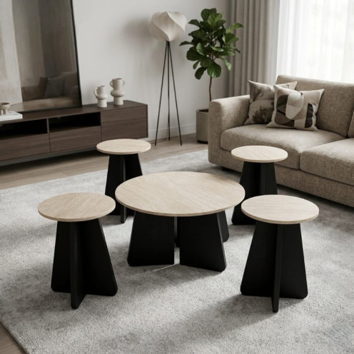 طقم طاولات دائري بقواعد حديثة خشب بتصميم مميز وانيق 1 + 4 بعدة اللوان