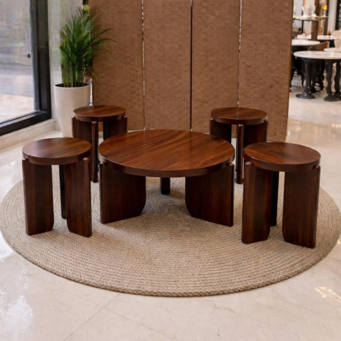 1+4 Table Set for Serving and Hospitality, Wooden Tops in Various Luxurious Colors