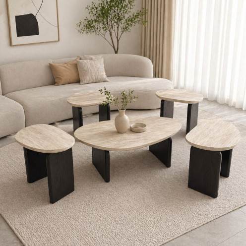 طاولات ضيافة 1 + 4 بشكل مموج سطح خشبي فاخر وانيق