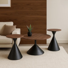 Three wooden tables: a central coffee table and two side tables in various colors.