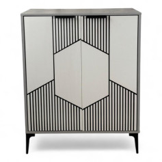 Wooden shoe rack with four shelves and two doors with white metal handles decorated with black