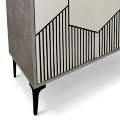 Wooden shoe rack with four shelves and two doors with white metal handles decorated with black