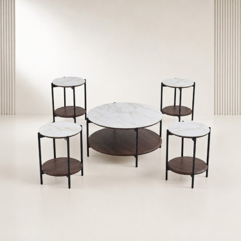 Round wooden ceramic tea set 1+4 C190 BROWN