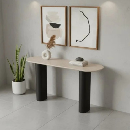 A uniquely designed reception table in black, measuring 140cm.