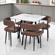 Dining table and 4 chairs set with brown ceramic top, leather finish
