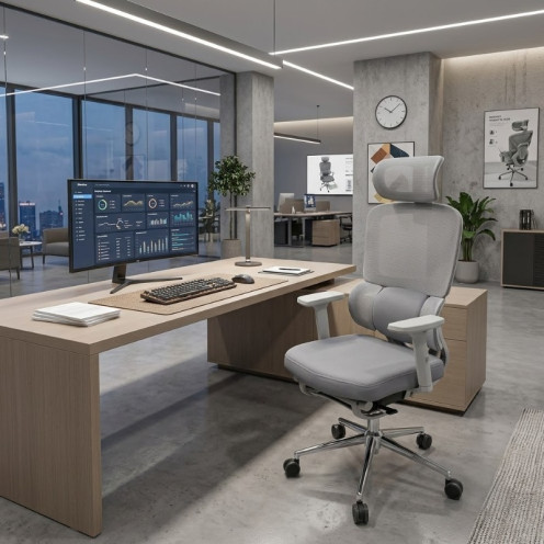 A comfortable, modern, and stylish swivel executive office chair in gray.