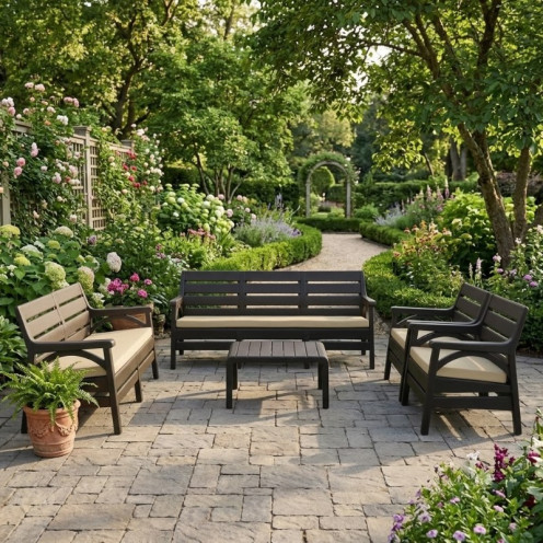 5-Piece Reinforced Plastic Garden Seating Set with Brown Cushions