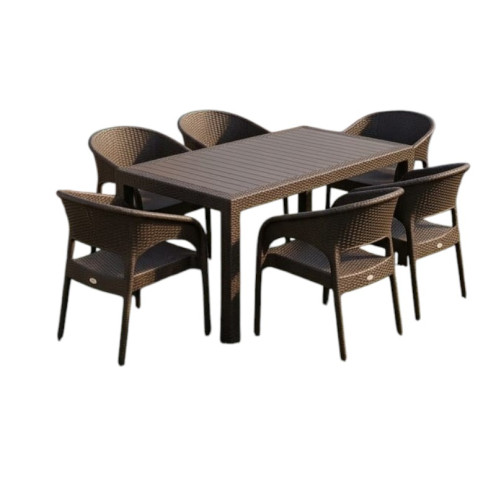 Brown Rattan Outdoor Dining Table Set with 6 Chairs