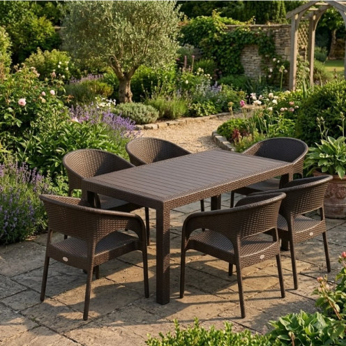 Brown Rattan Outdoor Dining Table Set with 6 Chairs