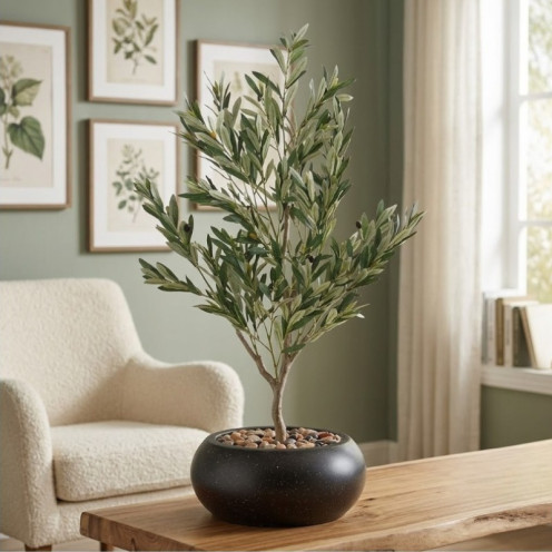 Artificial Olive Tree in a Small Fiber Pot, Black