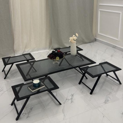 طقم طاولات أرضي أنيق بسطح زجاجي بقواعد معدنية فاخرة  – تصميم عصري اسود