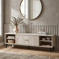 A luxurious wooden TV stand in a rich wood finish. This TV stand 