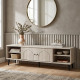 A luxurious wooden TV stand in a rich wood finish. This TV stand 