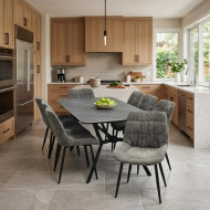 A modern dining table that seats 8, featuring a luxurious ceramic tabletop in various colors.