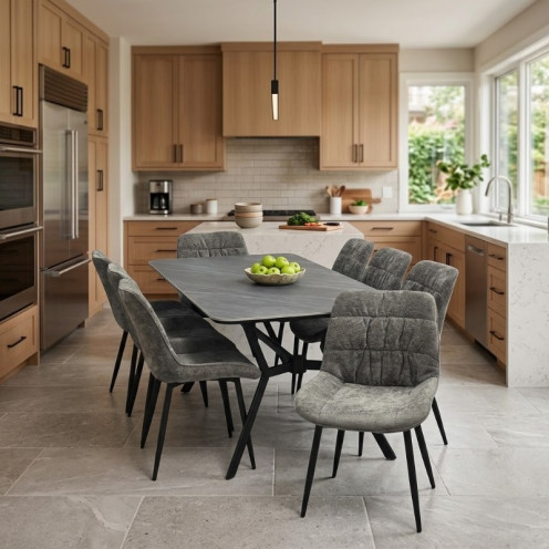 A modern dining table that seats 8, featuring a luxurious ceramic tabletop in various colors.