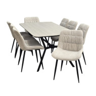 A modern dining table that seats 8, featuring a luxurious ceramic tabletop in various colors.