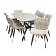 A modern dining table that seats 8, featuring a luxurious ceramic tabletop in various colors.