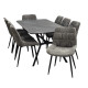 A modern dining table that seats 8, featuring a luxurious ceramic tabletop in various colors.