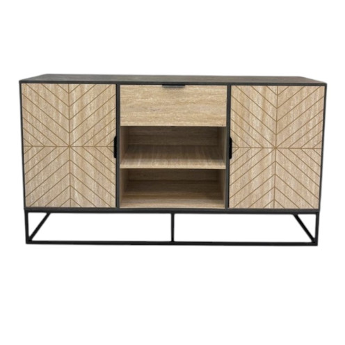 A uniquely designed and elegant wooden buffet cabinet in a wood color, 200cm