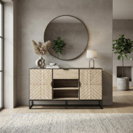 A uniquely designed and elegant wooden buffet cabinet in a wood color, 200cm