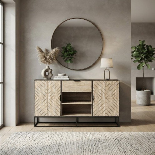 A uniquely designed and elegant wooden buffet cabinet in a wood color, 200cm