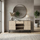 A uniquely designed and elegant wooden buffet cabinet in a wood color, 200cm