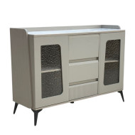 A stylish buffet cabinet with a luxurious ceramic top in a modern gray