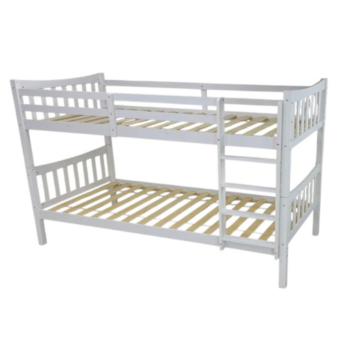 A fully secured wooden bunk bed with a built-in ladder. Dimensions: 90x190 cm. Available in various colors.
